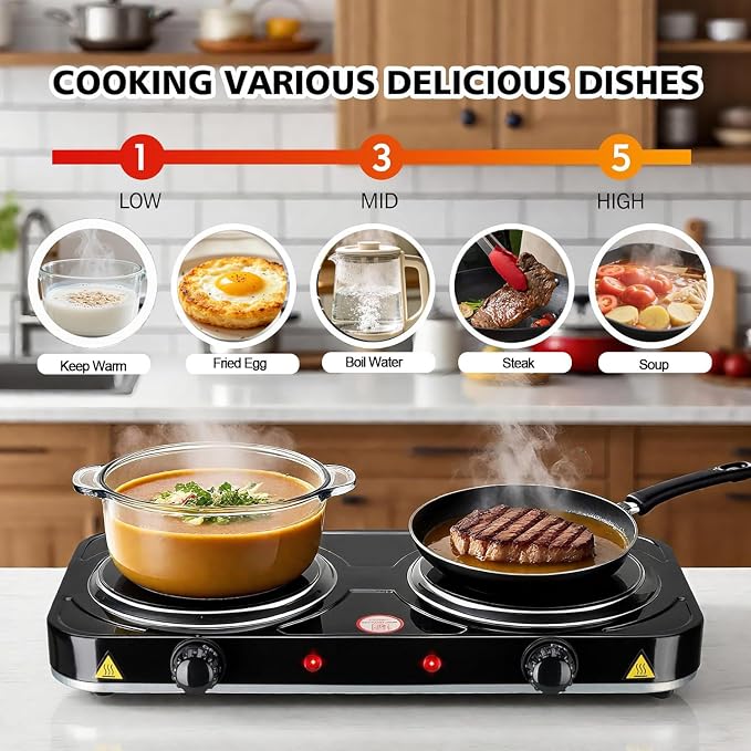 Electric Hot Plate, 2200W Countertop Burner, Cast Iron 2 Burners, Portable Electric Burner Stove, Portable Double Burners for Cooking,Easy to Clean, Black