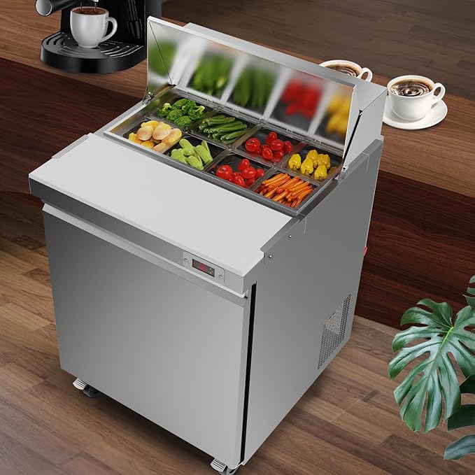 29" W Commercial Refrigerator Sandwich Salad Prep Table Refrigerator Stainless Steel with 8 Pans, Kitchen Equipment for Restaurant, Bar, Shop, Buffet, etc