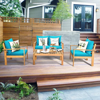 Tangkula Outdoor 4-Piece Acacia Wood Chat Set, 4 Seater Acacia Wood Conversation Sofa and Table Set with Water Resistant Cushions, Teak Finished (1, Turquoise)