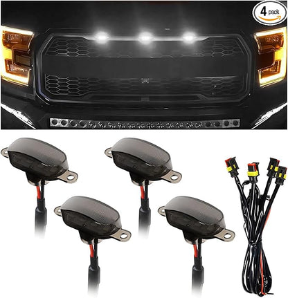 4 PCS Car LED Grille Lights, Bright Vehicle Front Grille Lamp Decorative Light with Wiring Harness, Waterproof LED Grill Lamps Trim Lights for 2017-2019 F150 Raptor (Black & White, 4 Lights)