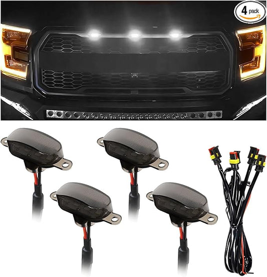 4 PCS Car LED Grille Lights, Bright Vehicle Front Grille Lamp Decorative Light with Wiring Harness, Waterproof LED Grill Lamps Trim Lights for 2017-2019 F150 Raptor (Black & White, 4 Lights)