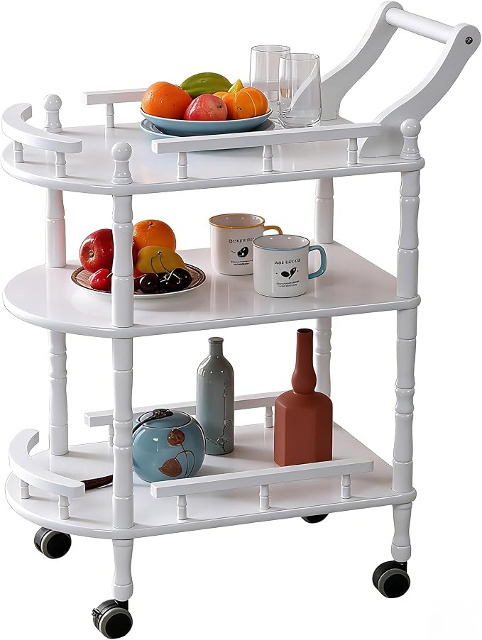 Entertainment Kitchen Cart, Midcentury Modern Imported rubberwood White Finished Wood 3-Tier Mobile Bar Cart Serving Cart