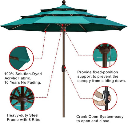 EliteShade USA 10-Year-Non-Fading 11ft 3-Tier Market Patio Umbrella, Commercial Grade Outdoor Table Umbrella with Crank Open, Windproof & UPF 50+ UV Protection, Heavy Duty Ventilation for Garden, Deck, Pool, Backyard, Beach & Bistro, No Tilt, Teal