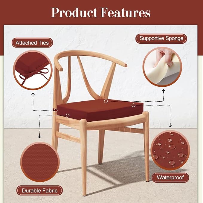 Cozyide Outdoor Chair Cushions, Waterproof Patio Seat Cushions with Adjustable Straps, Square Corner Patio Chair Cushions for Garden, Brick Red, 18.5x16x3 Inch (Pack of 4)