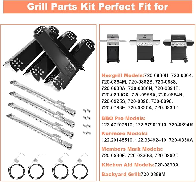Grill Replacement Parts for Nexgrill 720-0830H 720-0888 720-0888N 720-0783E 720-0864M Porcelain Steel Heat Shield Plate, Grill Burner Igniter Kit for Home Depot Nexgrill 4 Burner Replace