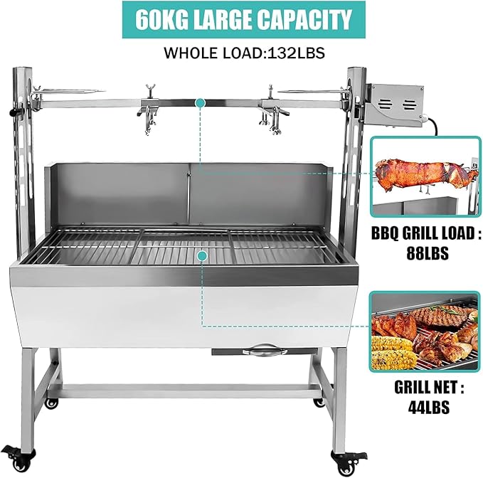 Stainless Steel Rotisserie Grill with Back Cover Guard, 25W Motor Small Pig Lamb 37 Inch BBQ Charcoal Rotisserie Roaster Grill for Camping Outdoor Kitchen, 132LBS Capacity