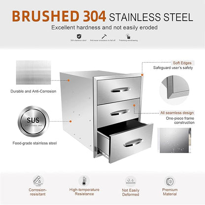 18''W x 24''H x 23''D Outdoor Kitchen Triple Access Drawers Stainless Steel, Flush Mount BBQ with Handles BBQ Island for Outdoor Kitchens or Patio Grill Station