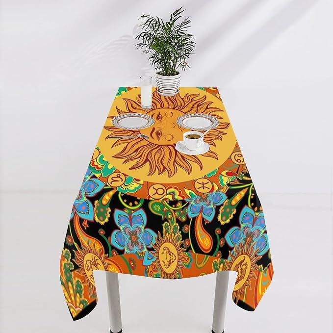Vintage Boho Sun Tablecloth Wildflower Floral Bohemian Hippie Sun Table Cloth Water Resistant Wipeable Table Cover for Farmhouse Picnic Party Holiday Kitchen Dinner Table 55"x55"