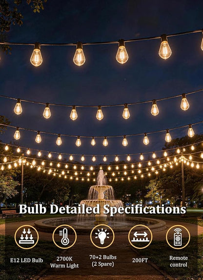 200FT Solar String Lights Outdoor Waterproof, 70LED S11 E12 Bulbs, Remote Control, Dimmable Timer, 3 Modes, Solar Powered Outdoor Patio Lights for Backyard Deck Garden Hanging Use