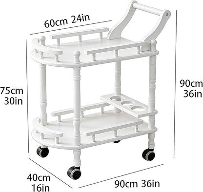 Entertainment Kitchen Cart, Midcentury Modern Imported rubberwood White Finished Wood 2-Tier Mobile Bar Cart Serving Cart