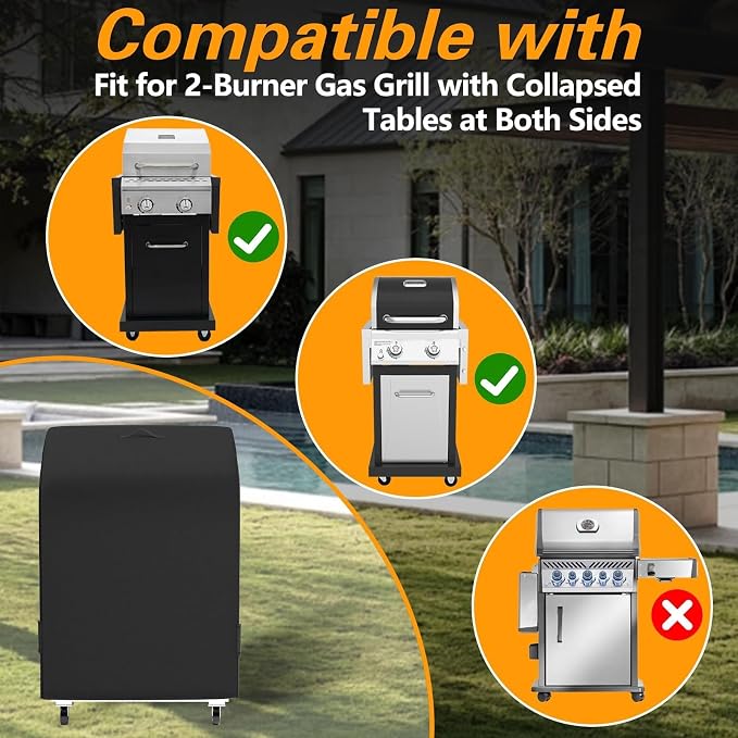 EVRBUL 32 in Small BBQ Grill Cover, 32" W x 24" D x 43" H Heavy Duty 420D Waterproof 2 Burner Gas Grill Cover for Weber Char-Broil Nexgrill and More Grills with Collapsed Side Tables