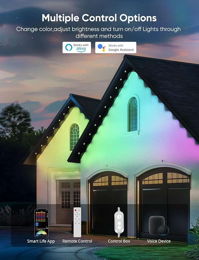 APPECK RGBW Permanent Outdoor Lights 100ft with 72 Lights,White | 111+ Scenes Modes Outdoor Lighting, APP Control Eaves Lights Compatible with Alexa, for Decorations, Daily