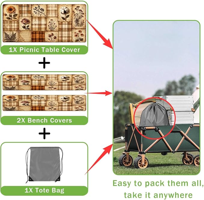 Vintage Floral Picnic Table Cover with Bench Covers, Retro Sunflower Rose Buffalo Plaid Patchwork Waterproof Fitted Tablecloth for 6 Foot Outdoor Wooden Picnic Table