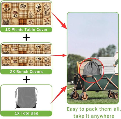 Vintage Floral Picnic Table Cover with Bench Covers, Retro Sunflower Rose Buffalo Plaid Patchwork Waterproof Fitted Tablecloth for 6 Foot Outdoor Wooden Picnic Table
