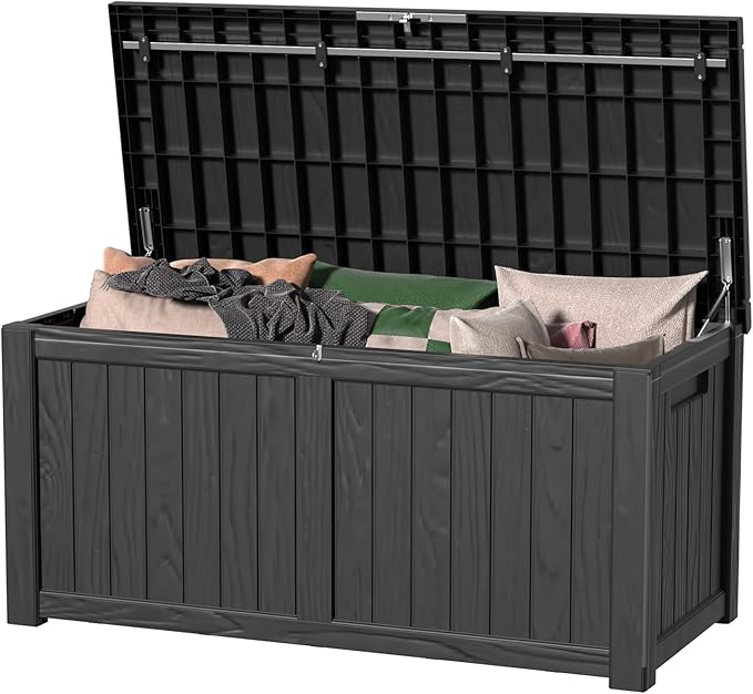 PatioZen 150 Gallon Deck Box,Resin Outdoor Storage Box with Lockable for Patio Furniture, Pool Accessories, Garden Tools Waterproof Outside Storage Box (Black)