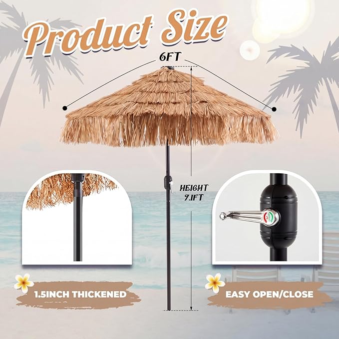 CroBlissful 6 ft Solar Tiki Umbrella with 32 LED Lights, Hula Thatched Patio Umbrella, UPF 50+, Hawaiian Style Beach Umbrellas for Garden, Beach, Pool, and Backyard