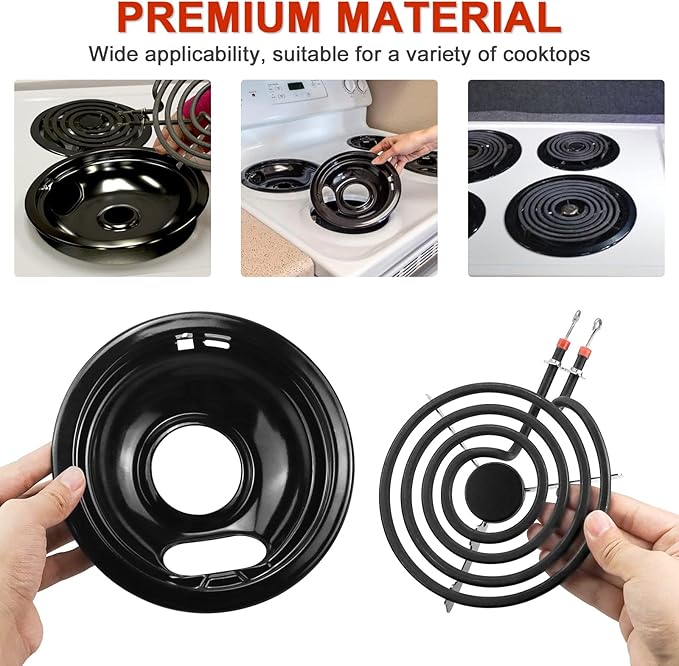 W10290350 W10290353 Black Porcelain Burner Drip Pans By AMI PARTS - Replacement for Whirl-pool Electric Range Cooktop - Includes 2 8-Inch and 2 6-Inch Pans