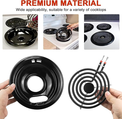 W10290350 W10290353 Black Porcelain Burner Drip Pans By AMI PARTS - Replacement for Whirl-pool Electric Range Cooktop - Includes 2 8-Inch and 2 6-Inch Pans