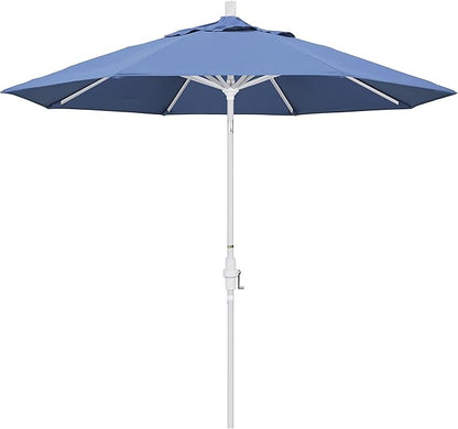 California Umbrella 9' Round Aluminum Market Umbrella, Crank Lift, Collar Tilt, White Pole, Forest Blue Olefin