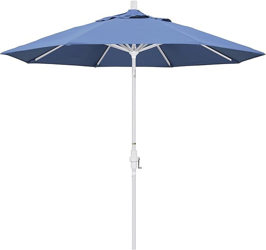 California Umbrella 9' Round Aluminum Market Umbrella, Crank Lift, Collar Tilt, White Pole, Forest Blue Olefin