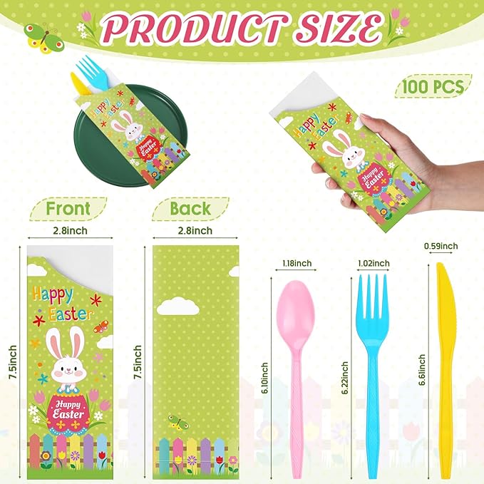 WILLBOND 400 Pcs Easter Plastic Cutlery Set Paper Silverware Bags with Plastic Forks Knives Spoons Disposable Cutlery Utensil Holder for Easter Wedding Party Restaurant Kitchen