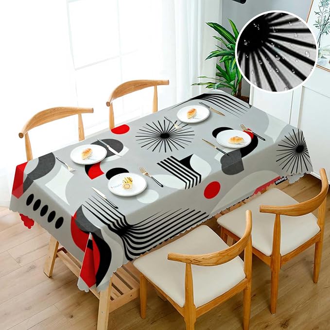 Swono 52x70 Inch Atomic Pattern Tablecloth Mid Century Atomic Geometric Farmhouse Dining Table Cloth Anti-Stain Talking Table Cover for Kitchen Dinning Room Coffee Store Red Grey