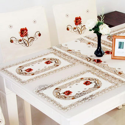 LeLehome Set of 4 Flower Embroidered Placemats, Oblong Rufous Flower Rose Lunchmats Place Mats, Home Kitchen Dining Restaurant Party Indoor Decor Table Mats, 18 Inch X 12 Inch