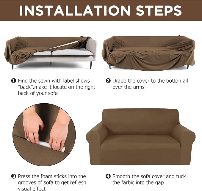 Peryiter 3 Pcs Couch and Loveseat Sofa Covers,Chocolate,Milk Silk | Armchair Covers for Living Room, Sofa Cushion Slipcover, Furniture Protector, Polyester and Spandex, Washable