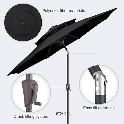 9ft Outdoor Patio Umbrella - 2-Tier Table Umbrella Waterproof UV Protection, Sombrillas de Patio with Push Button Tilt, Sun Umbrella for Pool, Porch, Garden, Backyard (Black)