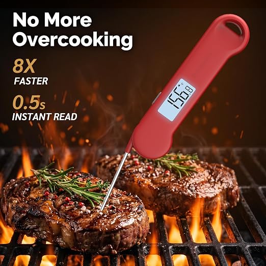 0.5 Sec Instant Read Grill Meat Thermometer Digital Food Cooking BBQ, Red | ±0.5°F Precision, Auto Flip Digital LCD Display, Ideal For Meat, Candy, Grill, BBQ, Food Thermometer for Kitchen Gadgets
