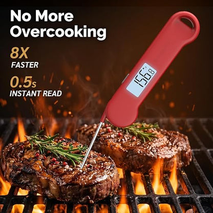 0.5 Sec Instant Read Grill Meat Thermometer Digital Food Cooking BBQ, Red | ±0.5°F Precision, Auto Flip Digital LCD Display, Ideal For Meat, Candy, Grill, BBQ, Food Thermometer for Kitchen Gadgets