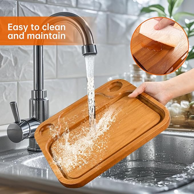 MAVOTER Wooden Steak Plates include 2 Sauce Cups, Wood Steak Board Set Serving Tray for Food Meat Cutting Board with Juice Groove, Charcuterie Board Platter for Home