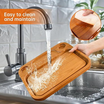 MAVOTER Wooden Steak Plates include 2 Sauce Cups, Wood Steak Board Set Serving Tray for Food Meat Cutting Board with Juice Groove, Charcuterie Board Platter for Home