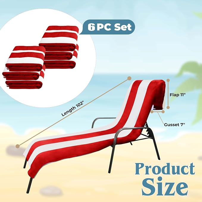Superior Cabana Cotton Lounge Chair Cover, Outdoor Towel/Chaise Furniture Covers, Terry Cloth, Beach, Spa, Swim Accessories, Pool Chair Cover, Soft, Quick Drying, 32" x 102", Set of 6, Red