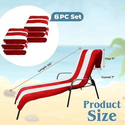 Superior Cabana Cotton Lounge Chair Cover, Outdoor Towel/Chaise Furniture Covers, Terry Cloth, Beach, Spa, Swim Accessories, Pool Chair Cover, Soft, Quick Drying, 32" x 102", Set of 6, Red