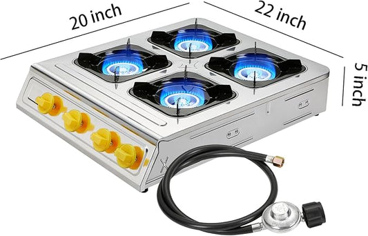 Vivicreate 4 Burner Propane Gas Stove 40000 BTU Stainless Steel Cooktop with Enamel Pan Support Electronic Ignition for Camping Outdoor Cooking BBQ Fogón de Estufa de Gas Portátil