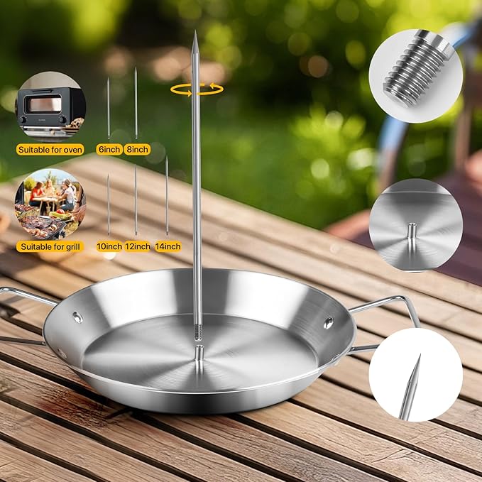 Gyro Pan with Skewer for Oven, Stainless Steel Vertical Skewer Pan for Trompo Al Pastor Tacos, Shawarma Kebab Rotisserie Grill with 5 Adjustable Spikes & Brush, BBQ Smoker Accessories