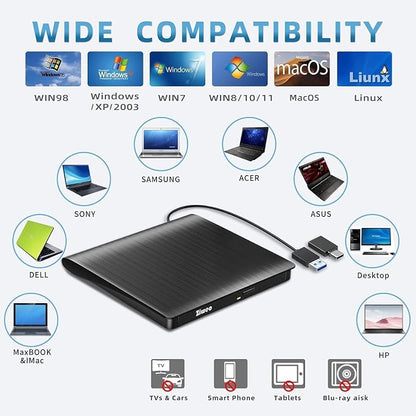 Ziweo External CD DVD Drive, Portable USB 3.0 Type-C CD Burner CD +/-RW Drive DVD Player for ROM Rewriter Burner Compatible with Laptop Desktop PC Windows MacBook Linux Mac OS