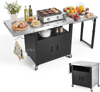 VEVOR Outdoor Grill Cart with Storage Cabinet, 74.8 Inch Grill Table, Waterproof Kitchen Island with Stainless Steel Top, Pull-Out Plate, Wheels, Movable Food Prep Station for Patio Bar Backyard BBQ