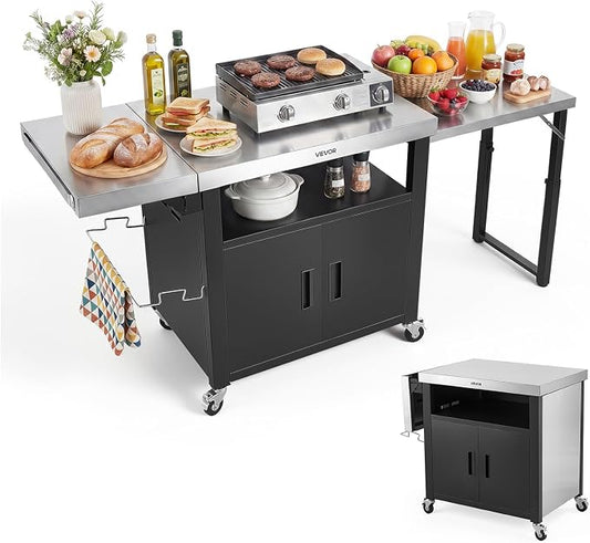 VEVOR Outdoor Grill Cart with Storage Cabinet, 74.8 Inch Grill Table, Waterproof Kitchen Island with Stainless Steel Top, Pull-Out Plate, Wheels, Movable Food Prep Station for Patio Bar Backyard BBQ