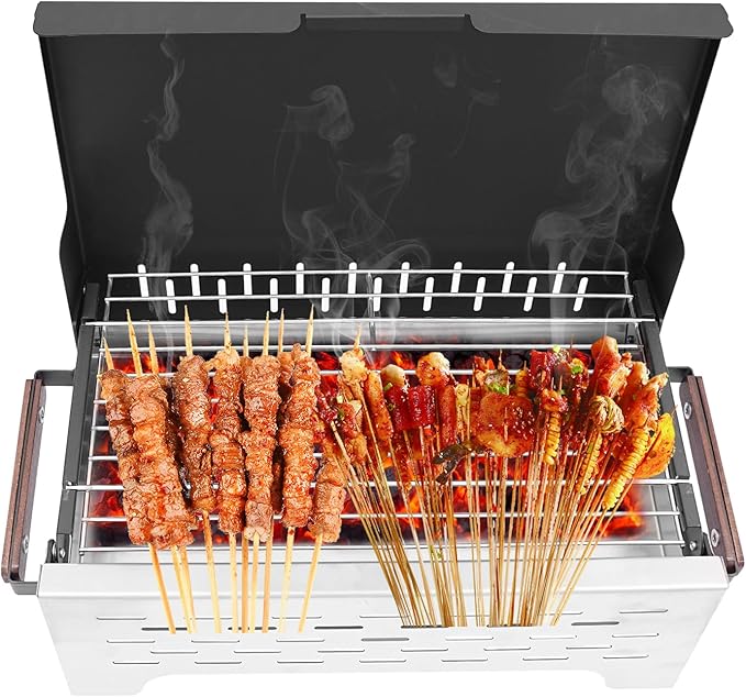 15.75 x 8.27In BBQ Charcoal Grill, Folding Camping Grill, with Anti-scald Handles, One-piece Windbreak Cover, Outdoor for Camping(Black+Silver)