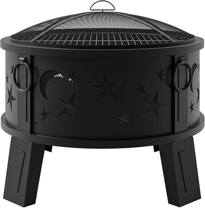 Kingson 26" Outdoor Fire Pit with Grill & Mesh Cover, Wood Burning Steel Firepit with Poker & Star Spark Screen, Heavy Duty Patio Fire Bowl for Backyard, Camping & Garden