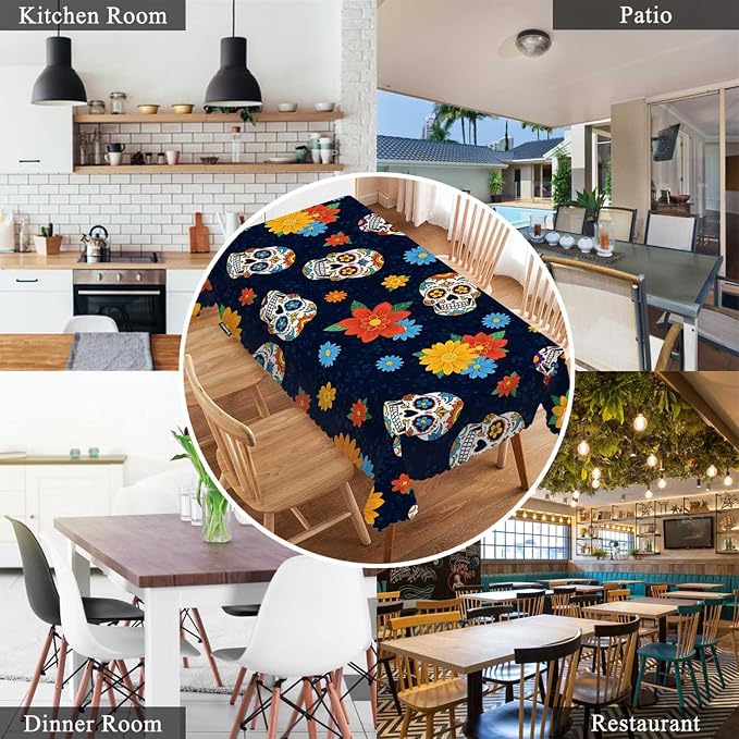 Swono Day of The Dead Table Cloth Rectangle Tables Mexican Sugar Skulls Flowers Kitchen Table Cover Oblong 52"X70" Tablecloth for Dining Table Buffet Parties Patio and Camping
