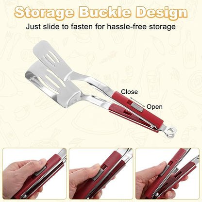 M METERXITY Spatula Tongs, 11.4 Inch 304 Stainless Steel Anti-Scald Multifunctional Flipper Grill Clamp for Cooking/Barbecue, Kitchen Cooking Tongs [Red Handle, Silver Tone]