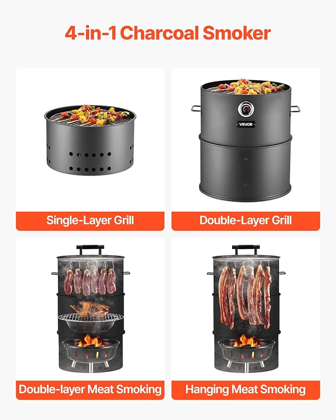 VEVOR Charcoal Smoker Grill, 18.5" Barrel Charcoal BBQ Smoker, Coated Steel Outdoor Barbecue Grill with 2 Grilling Grates, 1 Hanging Rod, 6 Hooks & Thermometer, Ideal for Party Backyard Patio Cooking