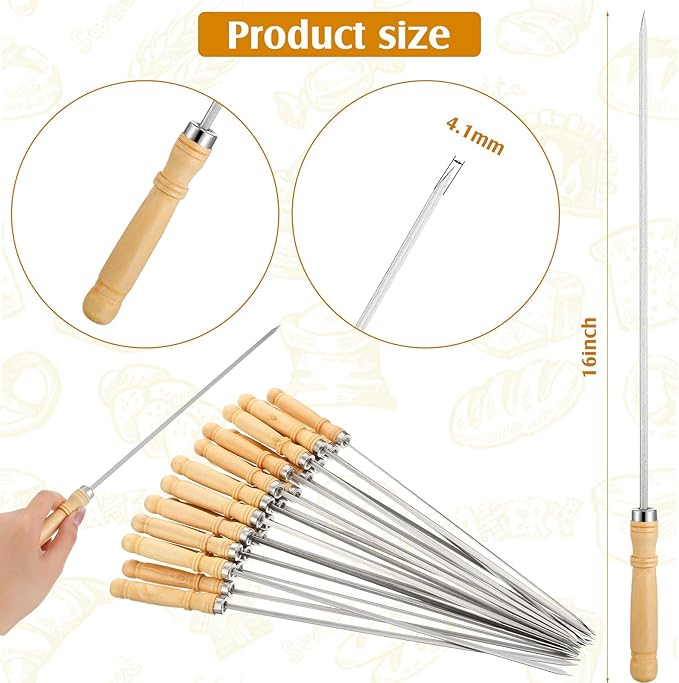 Minatee 16 Inch Kabob Skewer with Wood Handle for BBQ Camping Cookware Campfire Grill Cooking, Stainless Steel, Metal Skewers for Kabobs with Wood Handle (100 Pcs)