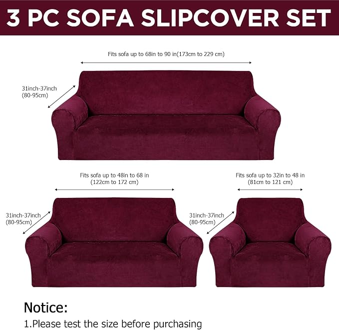 Peryiter 3 Pcs Couch and Loveseat Sofa Covers,Burgundy,Velvet | Armchair Covers for Living Room, Sofa Cushion Slipcover, Furniture Protector, Polyester and Spandex, Washable