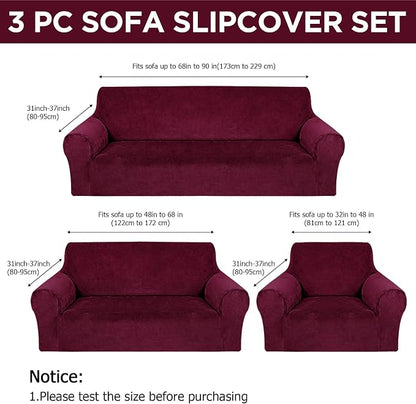 Peryiter 3 Pcs Couch and Loveseat Sofa Covers,Burgundy,Velvet | Armchair Covers for Living Room, Sofa Cushion Slipcover, Furniture Protector, Polyester and Spandex, Washable