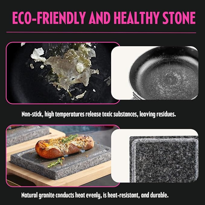 Artestia Steak Stone Grill Set with 2 Natural Steak Stones & 1 Bamboo Tray – Restaurant-Style Hot Stone Cooking Set for Sizzling Steak, BBQ, Hibachi, Indoor Tabletop Grilling