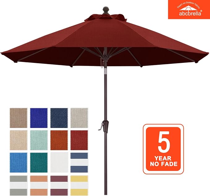 ABCCANOPY OLEFIN® 5-Year No Fading 9FT Outdoor Patio Umbrella(Burgundy) | Fade & UV Resistant Fabric,8 Fiberglass Ribs，Wind Vent，Crank Lift & Tilt,Outdoor Table Umbrella for Deck,Backyard,Yard